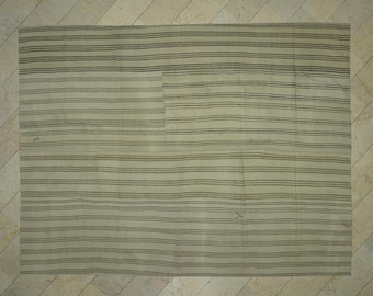 Oversized Patchwork Kilim Rug: Cream & Brown Turkish Wool, 9&#39;x11.4&#39;
