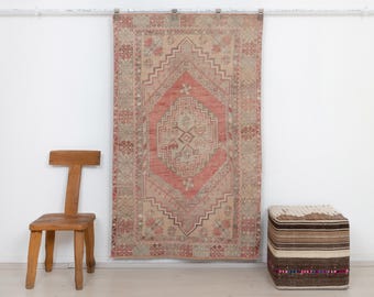 Vintage Oushak Rug: Turkish Wool Carpet, Faded Pink Primitive Decor 3.5 x 5.7 ft