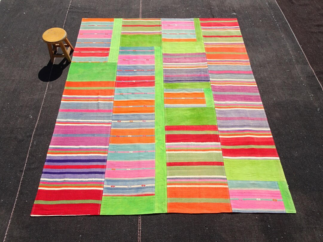 Colorful Stripe Modern Kilim Rug,6,11x8,2 Feet 211x251 Cm Turkish Kilim