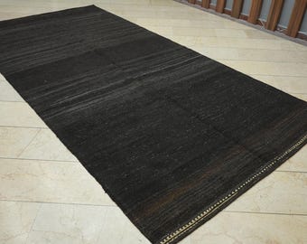 Striped Goat Hair Kilim Rug: Dark Brown & Gray, Turkish Flat Weave Rugs, 5.7x11.6 ft.