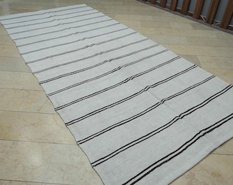 White Hemp Kilim Rug: Organic Turkish Flat Woven Rugs 5.6x12.5 Ft.