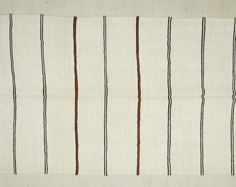 Modern gestreept hennepkelimtapijt uit het midden van de eeuw, 6 x 12,3 voet, plat geweven hennepkelimtapijt, Turks mooi blauw hennepkelimtapijt.