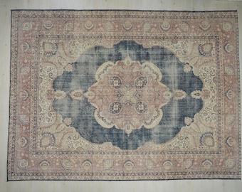 Vintage Turkish Oushak Rug - Navy Blue Wool Oversize 10x14 Feet