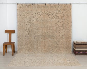 Turkish Rug: Vintage Oushak Carpet, Greige Medallion, Neutral Wool, Home Living Rugs, 7x10