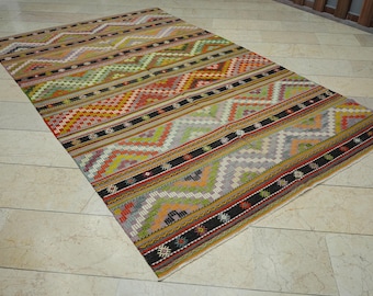 Tappeto Kilim turco fatto a mano a righe colorate: 6x9,6 cm, tappeto tribale in lana tessuto a mano.