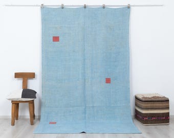 Overdye Blue Turkish Hemp Kilim Rug,5.9x9 Feet.