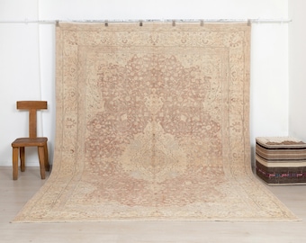 May include: A large rectangular area rug featuring a central medallion and intricate floral patterns in shades of beige, tan, and muted terracotta. The rug has a wide decorative border with repeating botanical motifs and a dense, woven texture.
