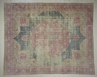 Oversize Gray & Blue Oushak Rug: Large Turkish Vintage Carpet (10,2&quot;x12,7&quot;)