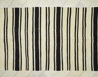 Large Old Turkish Kilim Rug: Minimalist Home Style Decor Stripe Rugs 6,5x14 Feet.