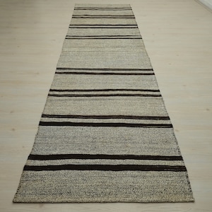 Handmade Turkish Kilim Rug Runner: Brown Stripe, Goat Hair & Wool (3,7&quot;x12&quot; Feet)