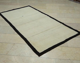 Vintage Cream Kilim Rug: 3.7"x7.2" Hand Woven Turkish Wool Rugs