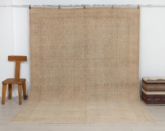 7x10 Turkish Rug: Vintage Oushak, Handwoven Wool Carpet, Neutral Floral Home Living Rugs.