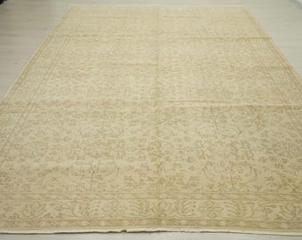 Vintage Turkish Handmade Oushak Rug: 7'X10.5' Ft,Neutral Colors Home Living Decor Floral Rugs