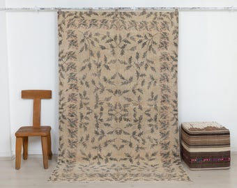 5x8 Vintage Turkish Rug: Handmade Wool Botanical Anatolian Carpet, Neutral Farmhouse Antique Decor