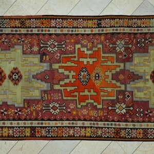 Vintage Turks kelimtapijt: 5,3 x 11,6 inch platgeweven wollen tapijten