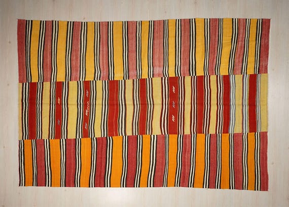 Large Stripe Design Kilim Rug: 6.6x10 ft, Red Yellow Turkish Rugs