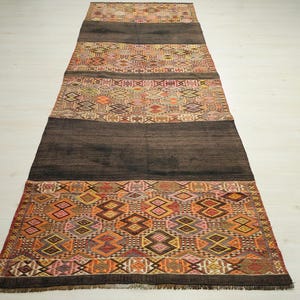Antique Embroidered Rug,3.4x10.7 Feet 105x326 Cm,Unique Old Turkish Kilim Rug Runner,Wall Hanging Beautiful Rug,Art Decor Jijim Kilim Rug.