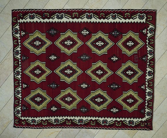 Red Color Flat Weave Turkish Large Kilim Rug: 8x9.4 Wool Handwoven Area Rug.
