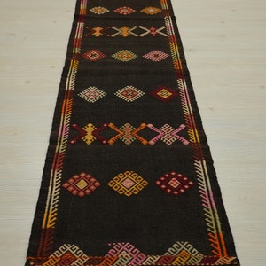 Vintage Turkish Kilim Rug Runner: Brown Goat Hair Woven Rug (2,1&quot;x8,4&quot; Feet)
