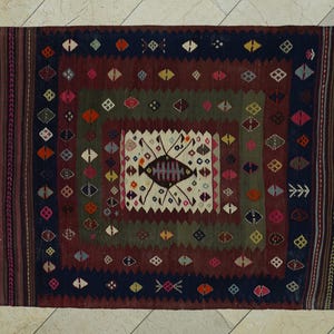 Vintage Turkish Kilim Rug: Orange Wool, Unusual Pattern (3.9x5.4 ft, 1940s)