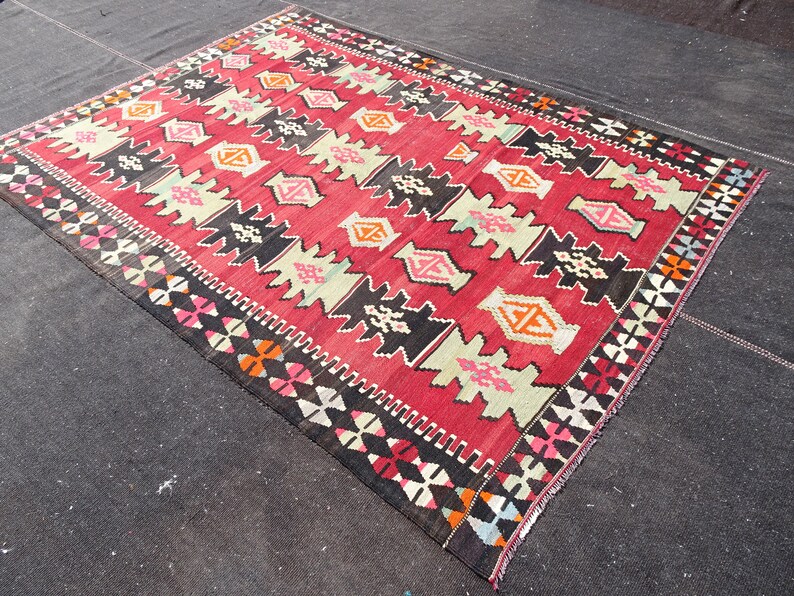 Red Kilim Rug64x88 Feet 194x270 Cm Turkish Red Etsy