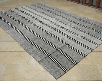 Scandinavian Style: Black Stripe Natural Gray Kilim Rug 7x10.2 Flat Woven Turkish Rugs