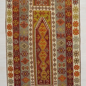 Antique Turkish Kilim Rug: 4x6 Handwoven Wool Anatolian Decor