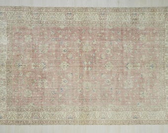 Beautiful Salmon Pink Oushak Rug,7&quot;x10,3&quot; Feet Big Size Turkish Carpet Rug,Oversize Vintage Oushak Rug,Faded Pink Oushak Rug.