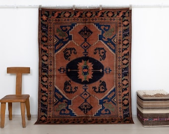 Vintage-Afghanischer Teppich: Stammeswollteppich, rostfarben, schwarz, geometrisches Muster, Heimdekoration, 5 x 6,6