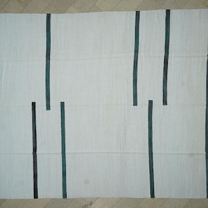 Oversize Mid Century Modern Stripe Hemp Kilim Rug: Vintage Turkish Rugs 11.1"x15'6" Feet.