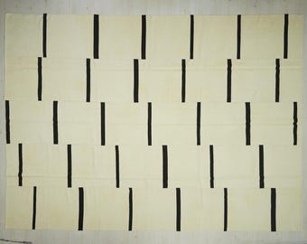 Oversized Stripe Wool Kilim Rug: Mid-Century Modern Turkish Flat Weave (10x13.7 ft)