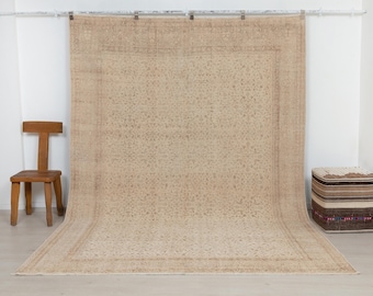 7x10 Vintage Oushak Rug: Handmade Wool Turkish Carpet, Neutral Floral Home Living Rugs.