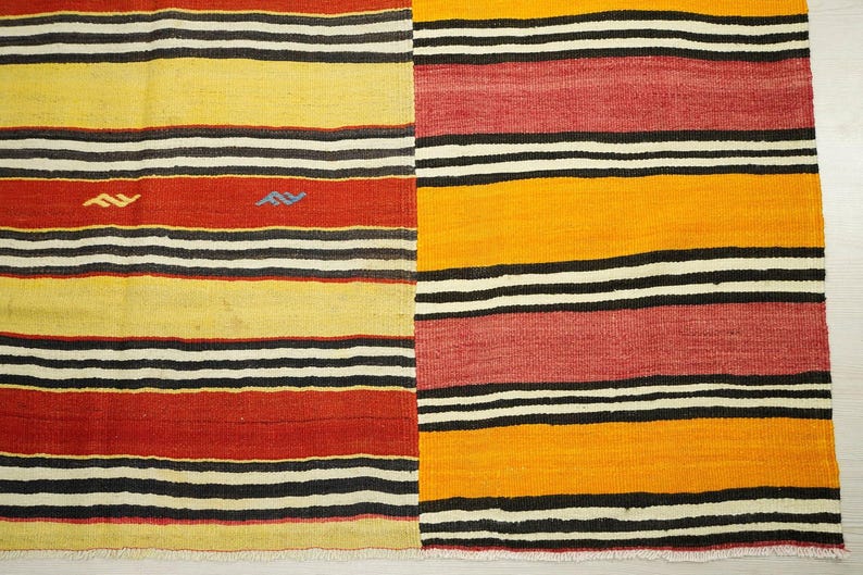 a colorful rug with a striped pattern in red, yellow, and black.