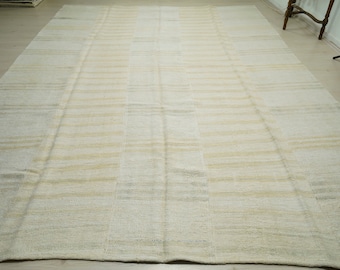 Tapis rayé surdimensionné en chanvre, 9,4 x 12,2 décoration minimaliste, tapis en chanvre, tapis kilim chanvre naturel tissé à plat, tapis kilim fait main, tapis déco d'été, grand tapis