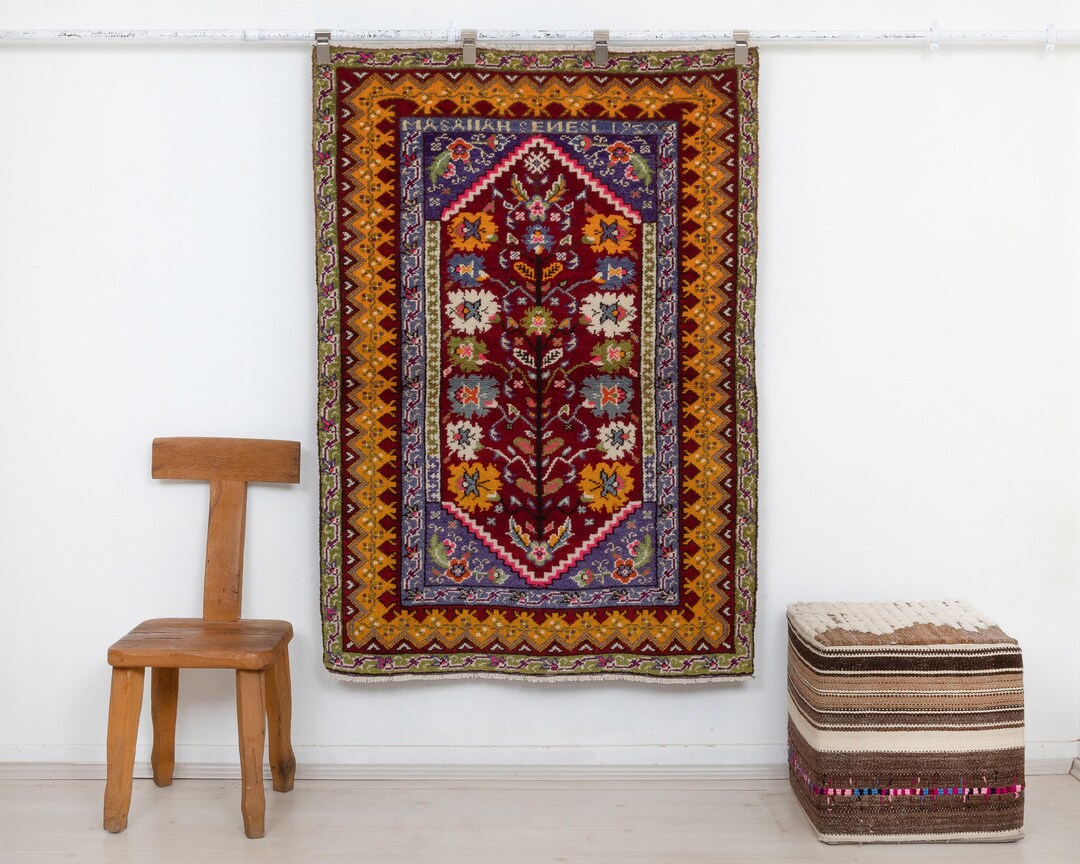 Rare Vintage Turkish Rug: Dowry Tree of Life Wool Folk Art 3.6 X