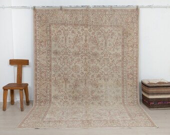 Vintage Oushak Rug, Turkish Wool Carpet, Faded Blush Floral Home Living Decor 7x10