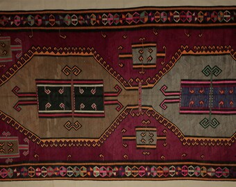 Old Unique Turkish Kilim Rug,6,6"x11,9" Feet 202x361 Cm Flat Weave Turkish Area Kilim Rug, Traditional Kilim Rug,Red Brown Kilim Rug.