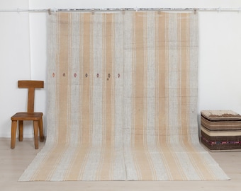 Peach Beige Turkish Rug: Handmade Cotton Goat Hair - Striped Neutral Kilim, 7x11
