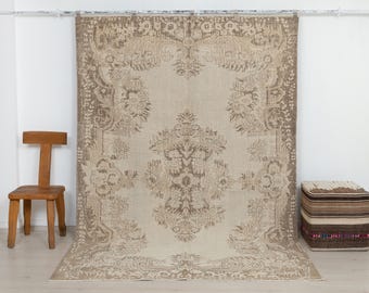 6x9 Turkish Rug: Vintage Oushak Carpet, Ivory Floral, Mocha Wool, Home Living.