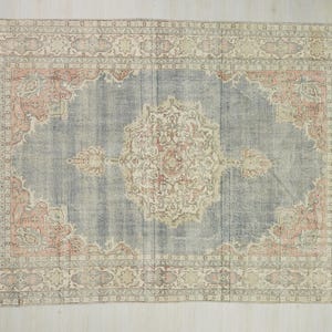 Chic Gray/Blue Vintage Turkish Carpet Rug,7"x10,2" Feet Bohemian Home Floor Rug,Oushak Area Blue Carpet Rug,Mid Century Antique Carpet Rug.