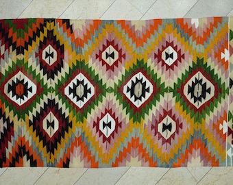 Multi Bright Color Turkish Kilim Rug: 4.9x8.5"Feet,Vintage Flat Woven Anatolian Rugs.