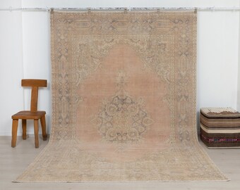 Vintage Turkish Rug: Handmade Oushak Wool Carpet, Neutral Floral Antique Fall Decor 7x10