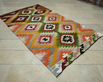 Multi Bright Color Turkish Kilim Rug: 4.9x8.5"Feet,Vintage Flat Woven Anatolian Rugs.