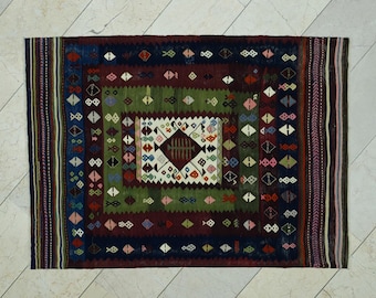 Antique Turkish Wool Soumak Kilim Rug: 3.9"x5.3" Hand-Embroidered Wall Decor Rugs