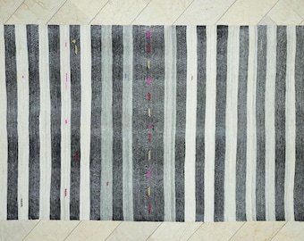 Goat Hair Kilim Rug: 6.3x12.3 ft, Stripe Flat Weave, Mid Century Modern Rugs.