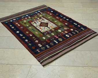 Antique Turkish Wool Soumak Kilim Rug: 3.9"x5.3" Hand-Embroidered Wall Decor Rugs
