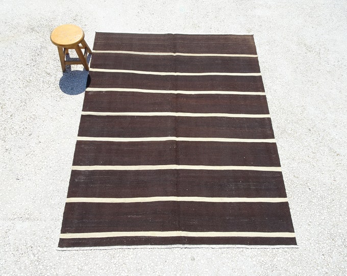 Dark Brown and Cream Stripe Rug,4,11x6 Feet 149x183 Cm Hanwoven Turkish