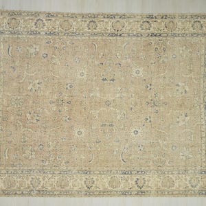 a large, intricately patterned rug with a beige and blue color scheme. The rug has a detailed design with floral and geometric patterns, and it is placed on a white surface.