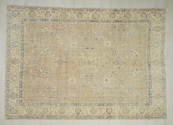 8x11 Old Turkish Oushak Rug: Scandinavian Home Style Vintage Handwoven Wool Area Rugs.