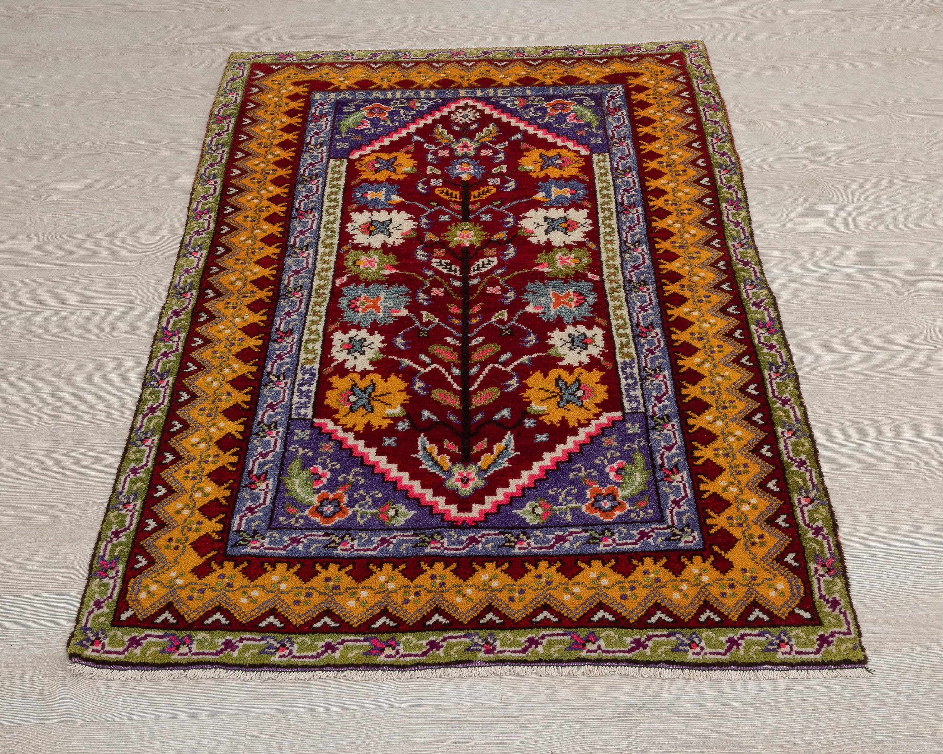 Rare Vintage Turkish Rug: Dowry Tree of Life Wool Folk Art 3.6 X